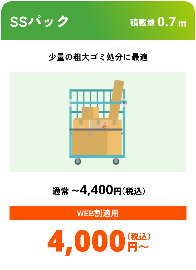 SSパック こんな時におすすめ：少量の粗大ゴミ処分に最適 積載量0.7㎥ 通常〜4,400円（税込） WEB割適用で4,000円（税込）〜