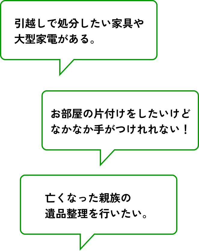 引越しで処分したい家具や大型家電がある。お部屋の片付けをしたいけどなかなか手がつけれれない!亡くなった親族の遺品整理を行いたい。