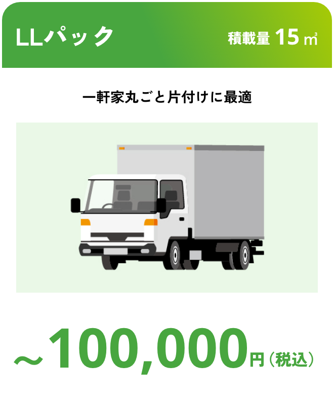 LLパック こんな時におすすめ：一軒家丸ごと片付けに最適 積載量15㎥ 〜100,000円（税込）