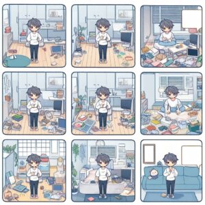 断捨離に挑戦中9コマ漫画風のイラスト画像